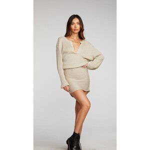 Chaser NWOT Lurex Rib Knit Mini Dress with Shirring sz Small Womens Gold Beige M
